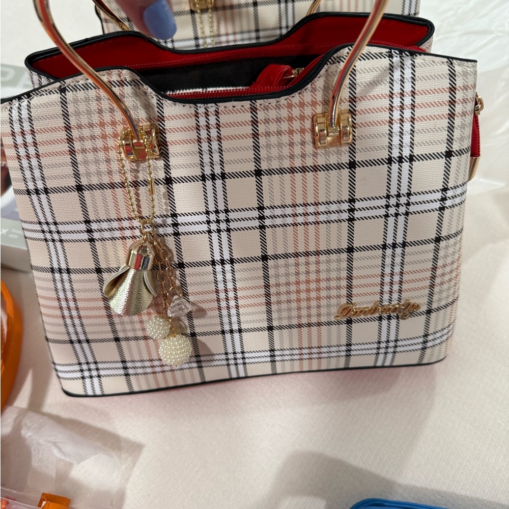 Plaid Handbag with Gold Accents New with long strap